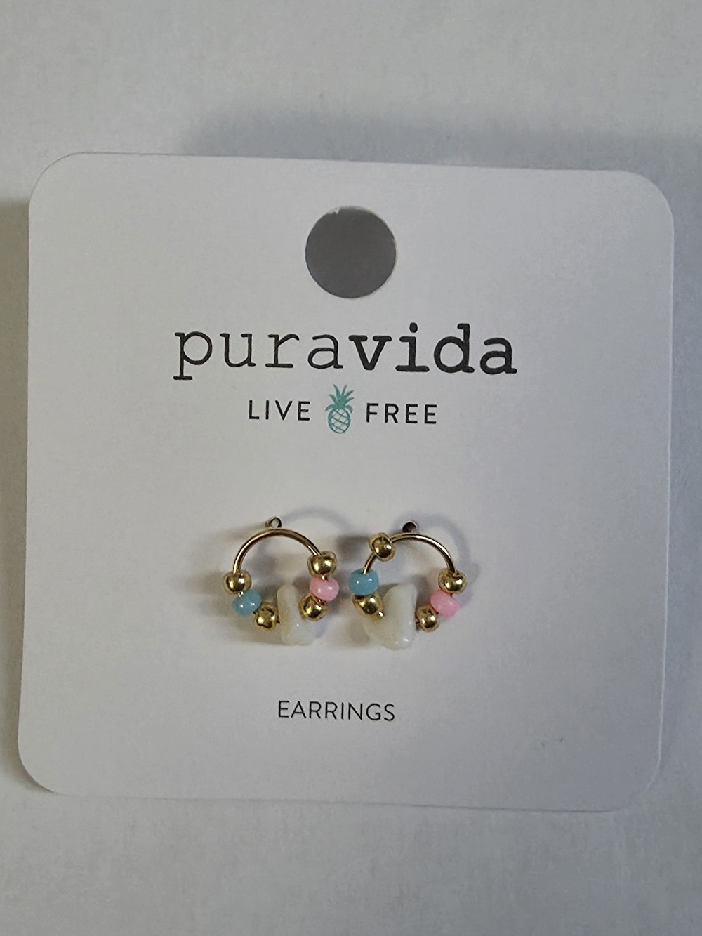 Pura Vida Gold Hoop Earrings with Pink, Blue & White Beads
